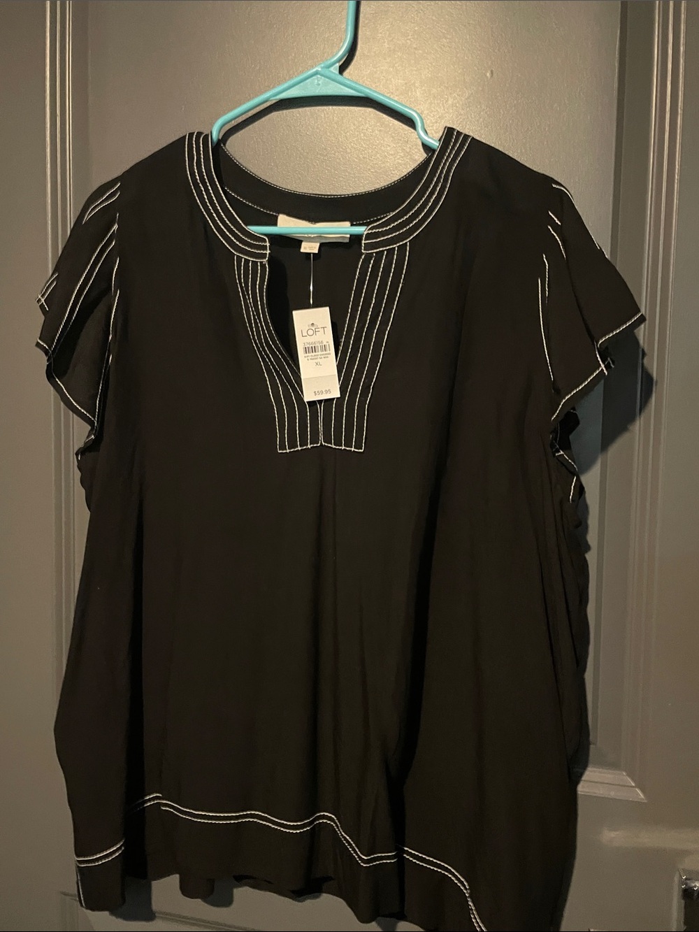 LOFT Black flutter sleeve blouse with White Contrast Stitching